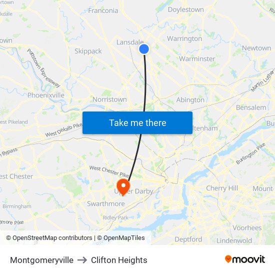 Montgomeryville to Clifton Heights map