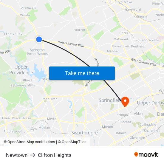 Newtown to Clifton Heights map