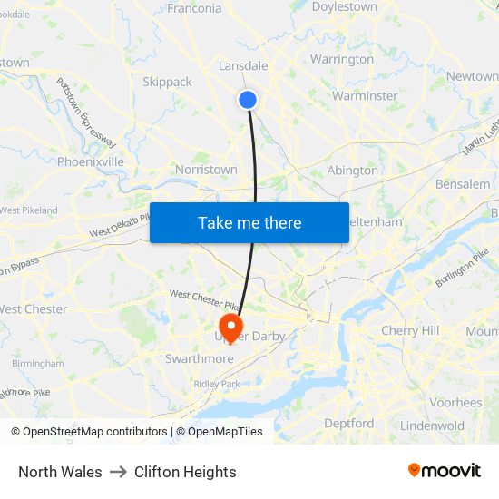 North Wales to Clifton Heights map