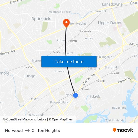 Norwood to Clifton Heights map