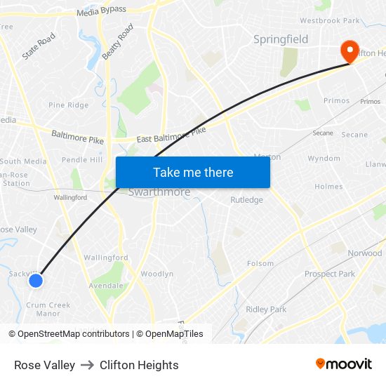 Rose Valley to Clifton Heights map