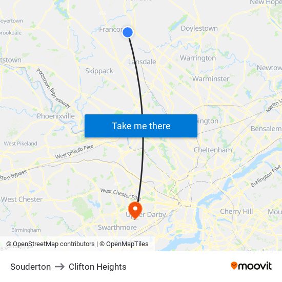 Souderton to Clifton Heights map