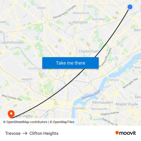 Trevose to Clifton Heights map