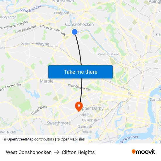 West Conshohocken to Clifton Heights map