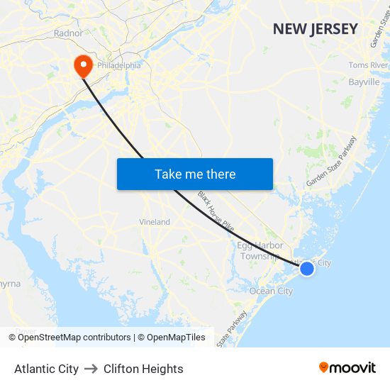Atlantic City to Clifton Heights map