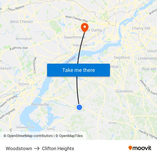 Woodstown to Clifton Heights map