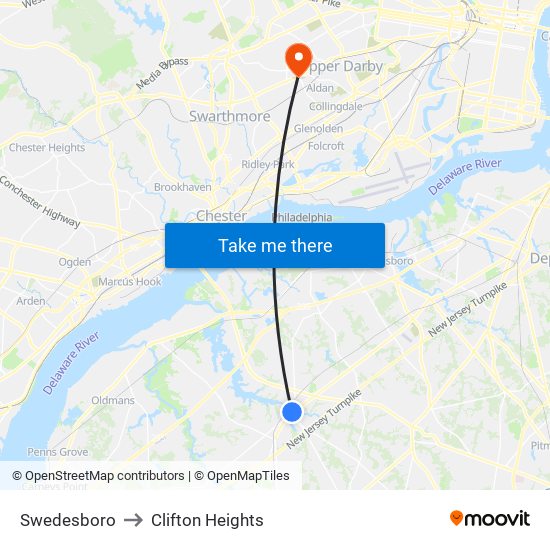 Swedesboro to Clifton Heights map
