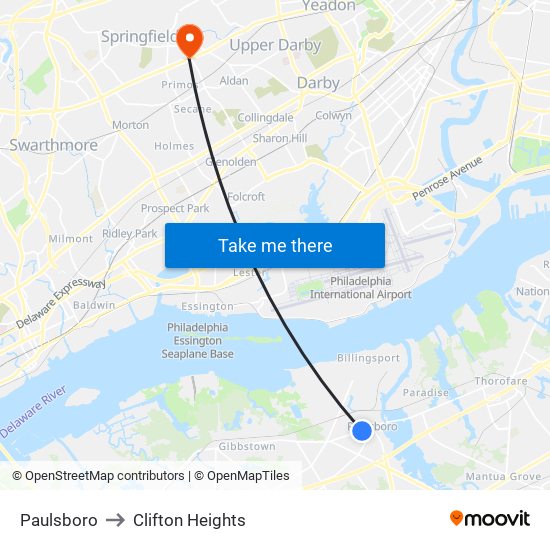 Paulsboro to Clifton Heights map