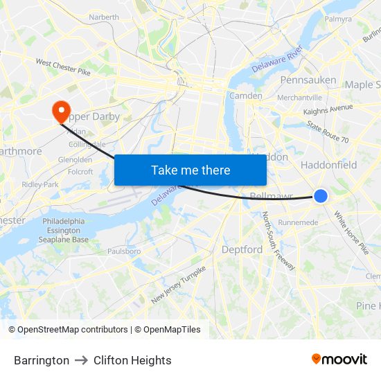 Barrington to Clifton Heights map