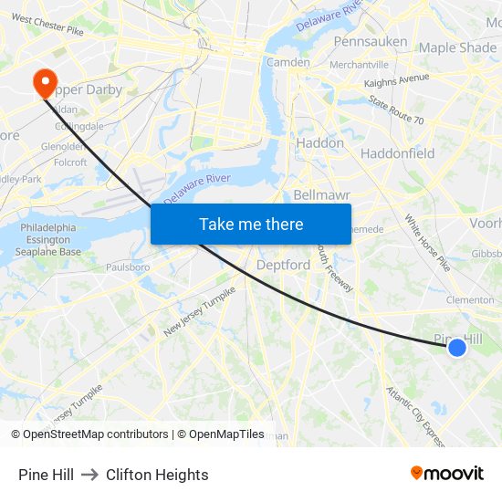 Pine Hill to Clifton Heights map