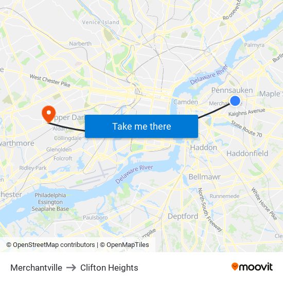 Merchantville to Clifton Heights map