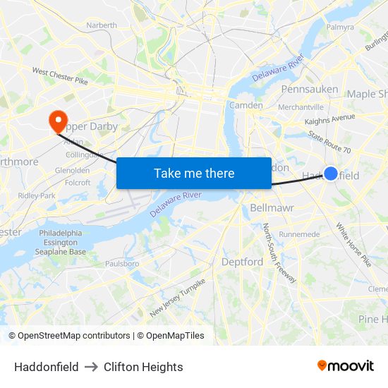 Haddonfield to Clifton Heights map