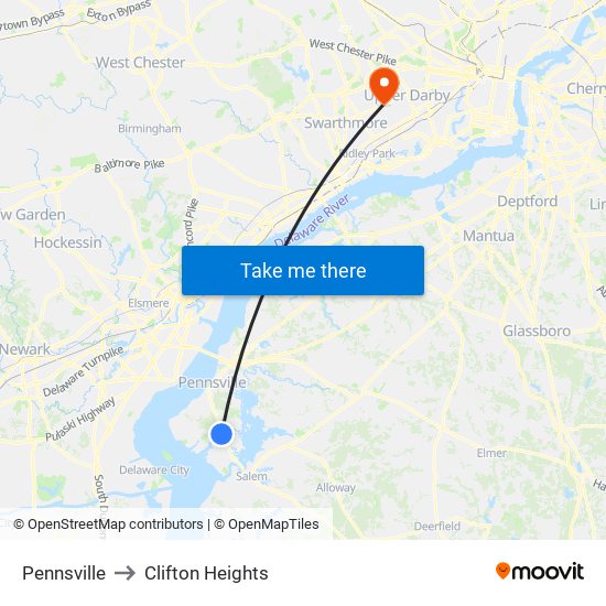 Pennsville to Clifton Heights map
