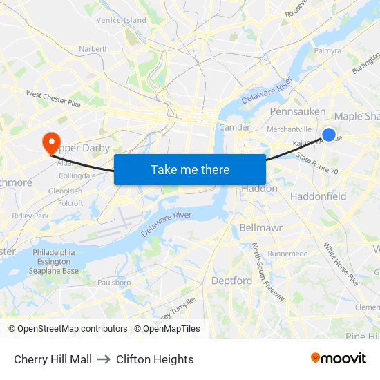 Cherry Hill Mall to Clifton Heights map