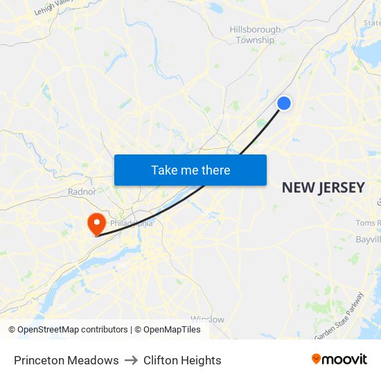 Princeton Meadows to Clifton Heights map