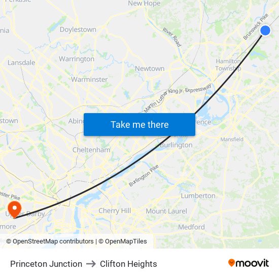 Princeton Junction to Clifton Heights map