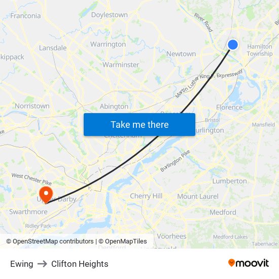 Ewing to Clifton Heights map