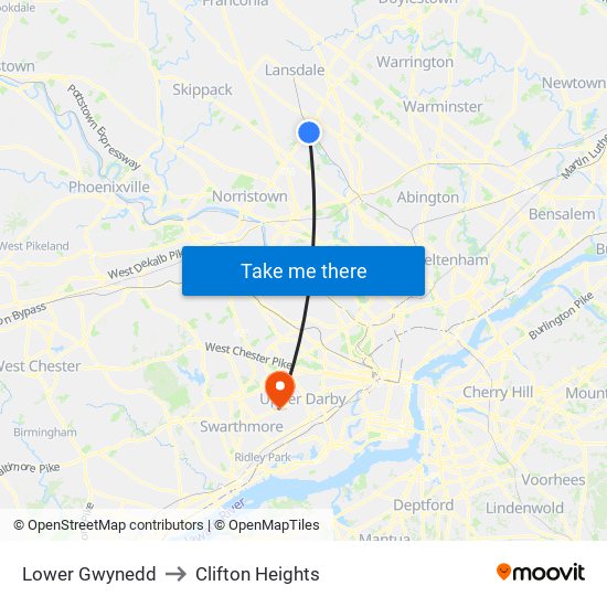 Lower Gwynedd to Clifton Heights map