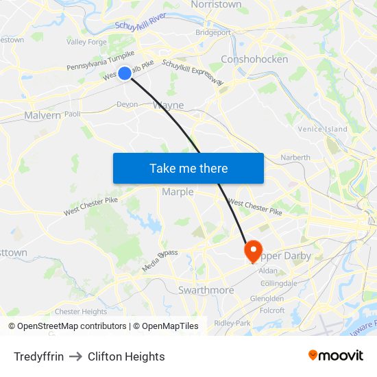 Tredyffrin to Clifton Heights map
