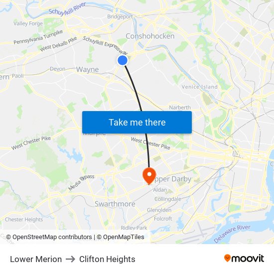 Lower Merion to Clifton Heights map