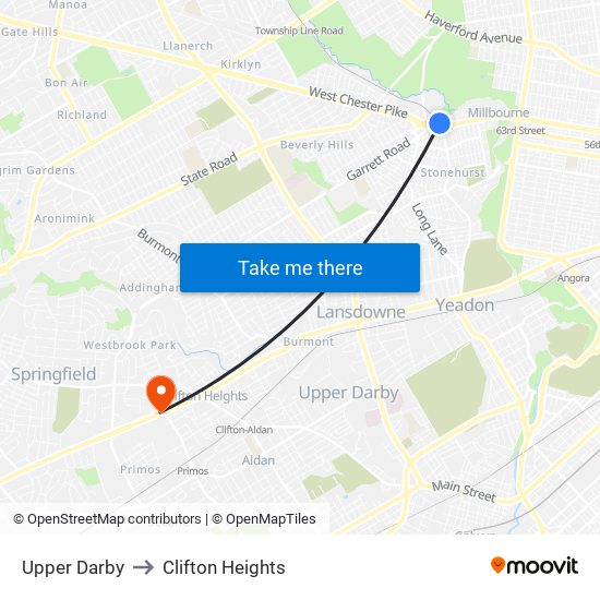 Upper Darby to Clifton Heights map