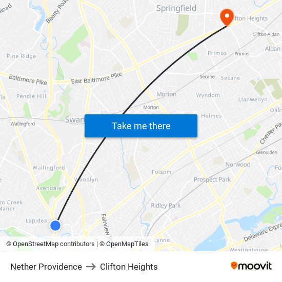 Nether Providence to Clifton Heights map