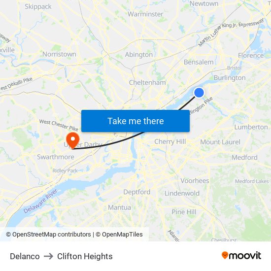 Delanco to Clifton Heights map