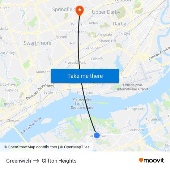 Greenwich to Clifton Heights map