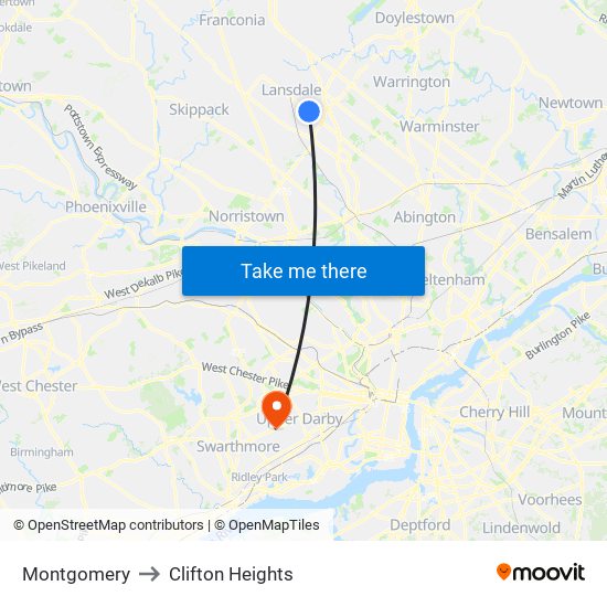 Montgomery to Clifton Heights map