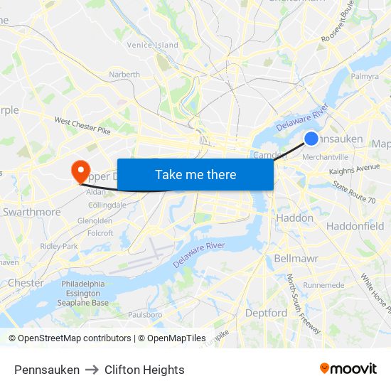 Pennsauken to Clifton Heights map