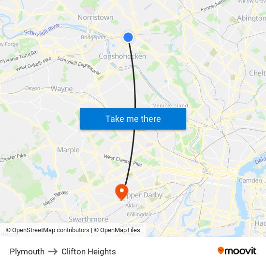 Plymouth to Clifton Heights map