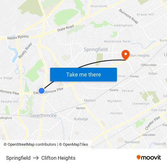 Springfield to Clifton Heights map