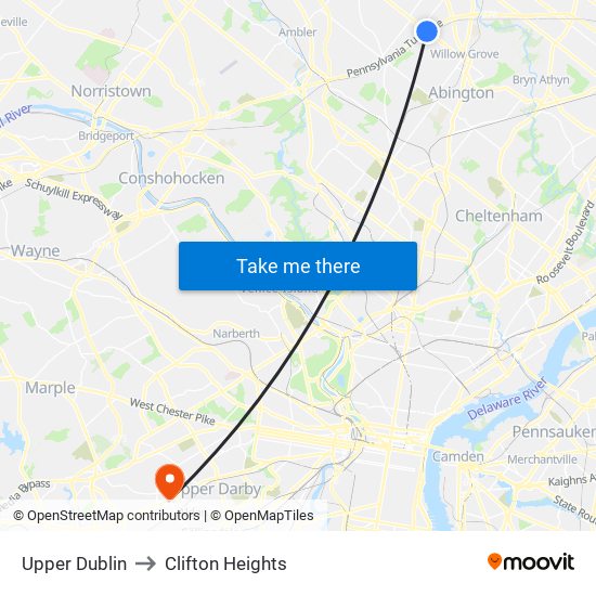 Upper Dublin to Clifton Heights map