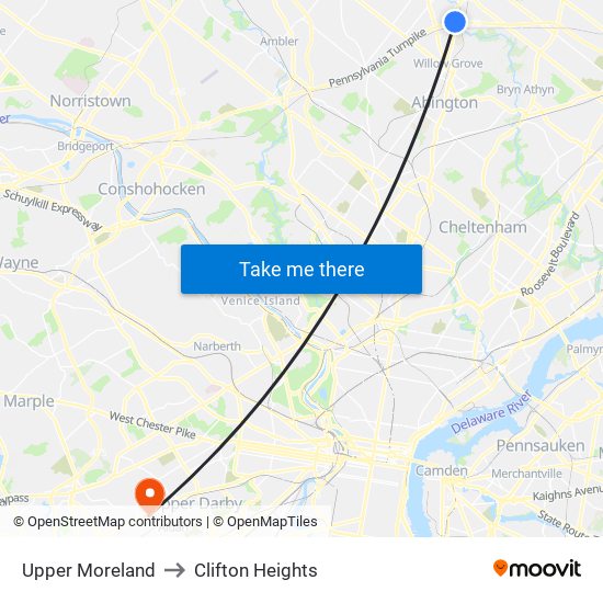 Upper Moreland to Clifton Heights map