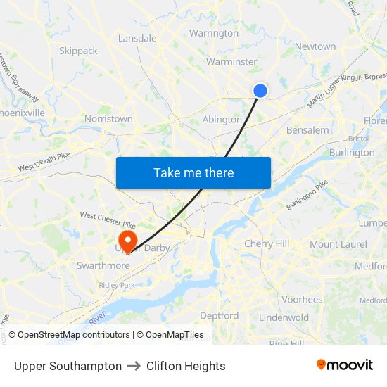 Upper Southampton to Clifton Heights map