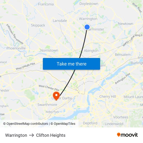 Warrington to Clifton Heights map