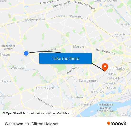 Westtown to Clifton Heights map