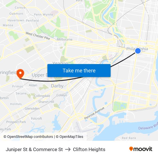 Juniper St & Commerce St to Clifton Heights map