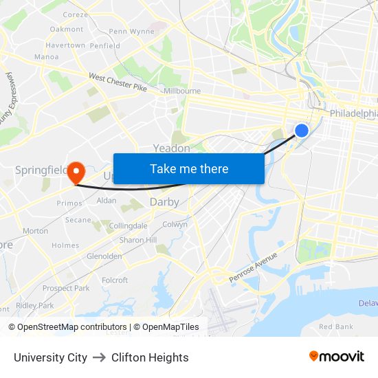 University City to Clifton Heights map