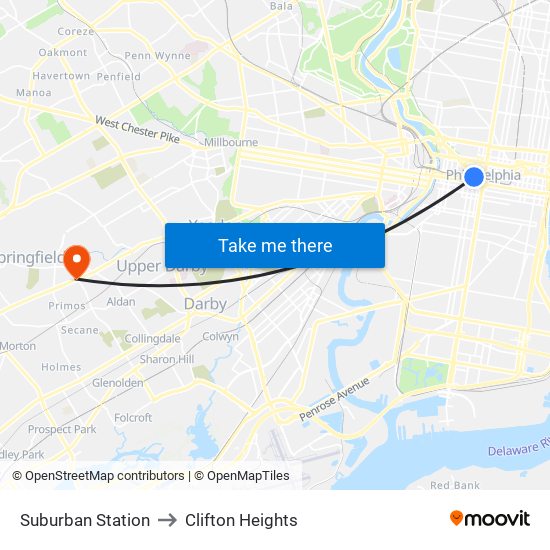 Suburban Station to Clifton Heights map