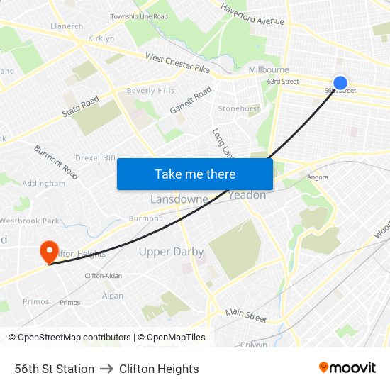 56th St Station to Clifton Heights map