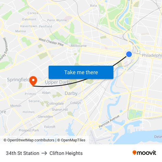 34th St Station to Clifton Heights map