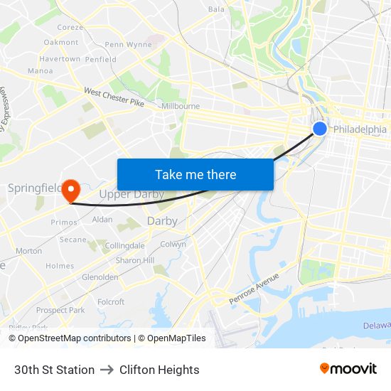 30th St Station to Clifton Heights map