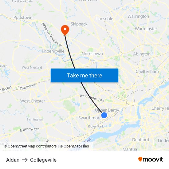 Aldan to Collegeville map