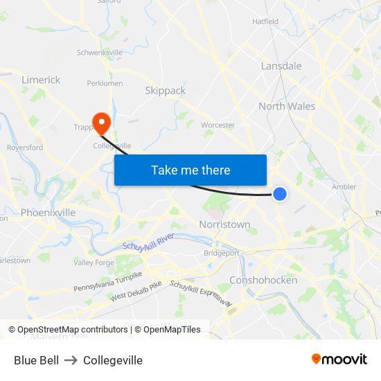Blue Bell to Collegeville map