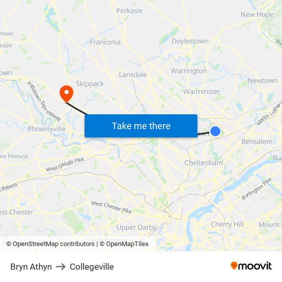 Bryn Athyn to Collegeville map