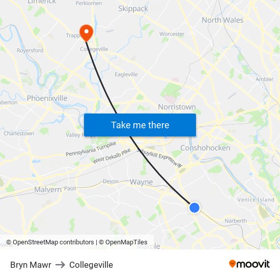 Bryn Mawr to Collegeville map