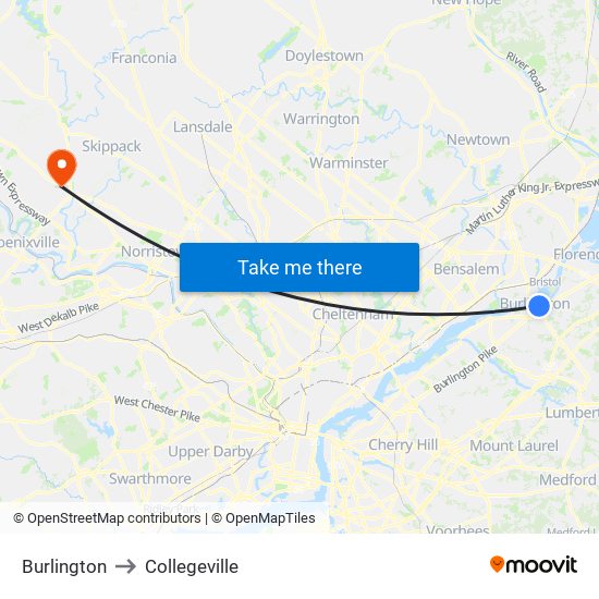 Burlington to Collegeville map
