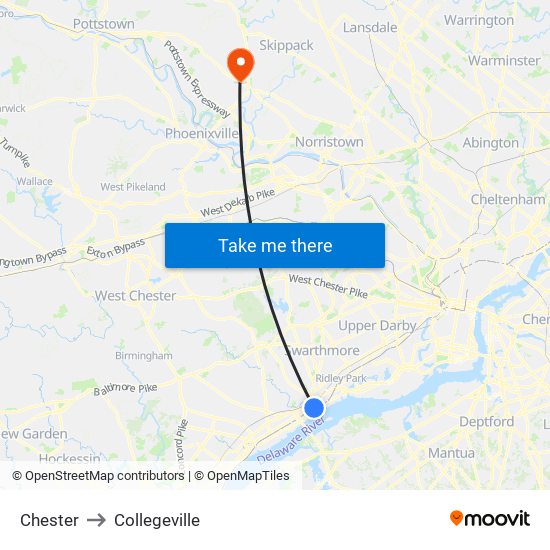 Chester to Collegeville map