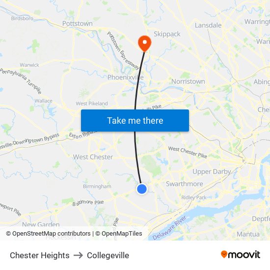 Chester Heights to Collegeville map